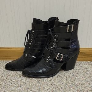 Steve Madden Black Faux Croc Palermo Booties Sz 9.5. 3" Block Heel Womens